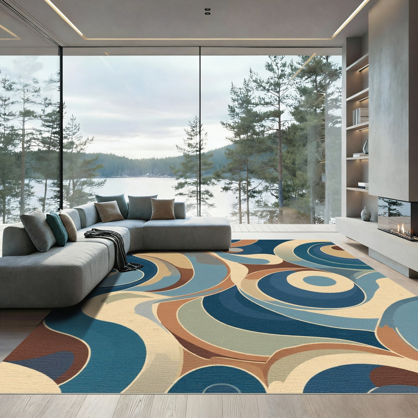 Retro Blue Swirls Abstract Shapes Rug