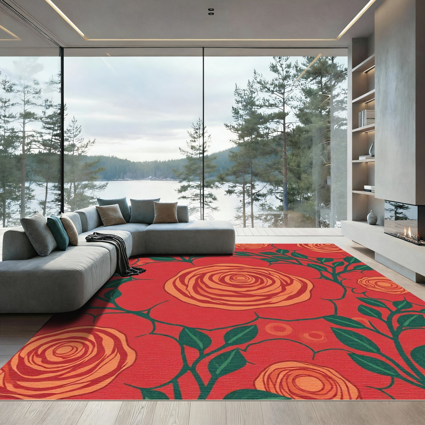 Orange Rose Garden Red Floral Rug
