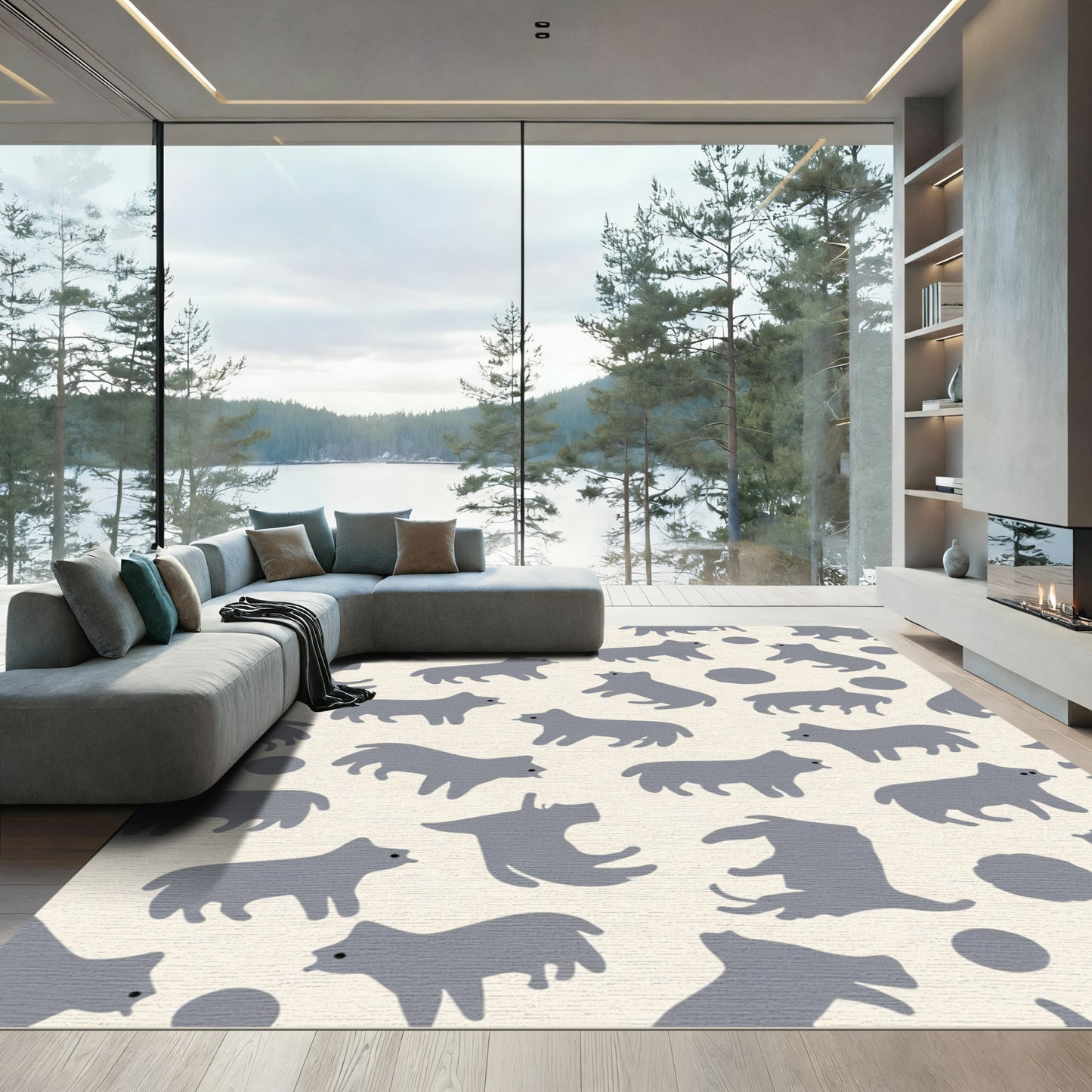 Gray Pet Silhouettes Scattered Cream Pattern Rug