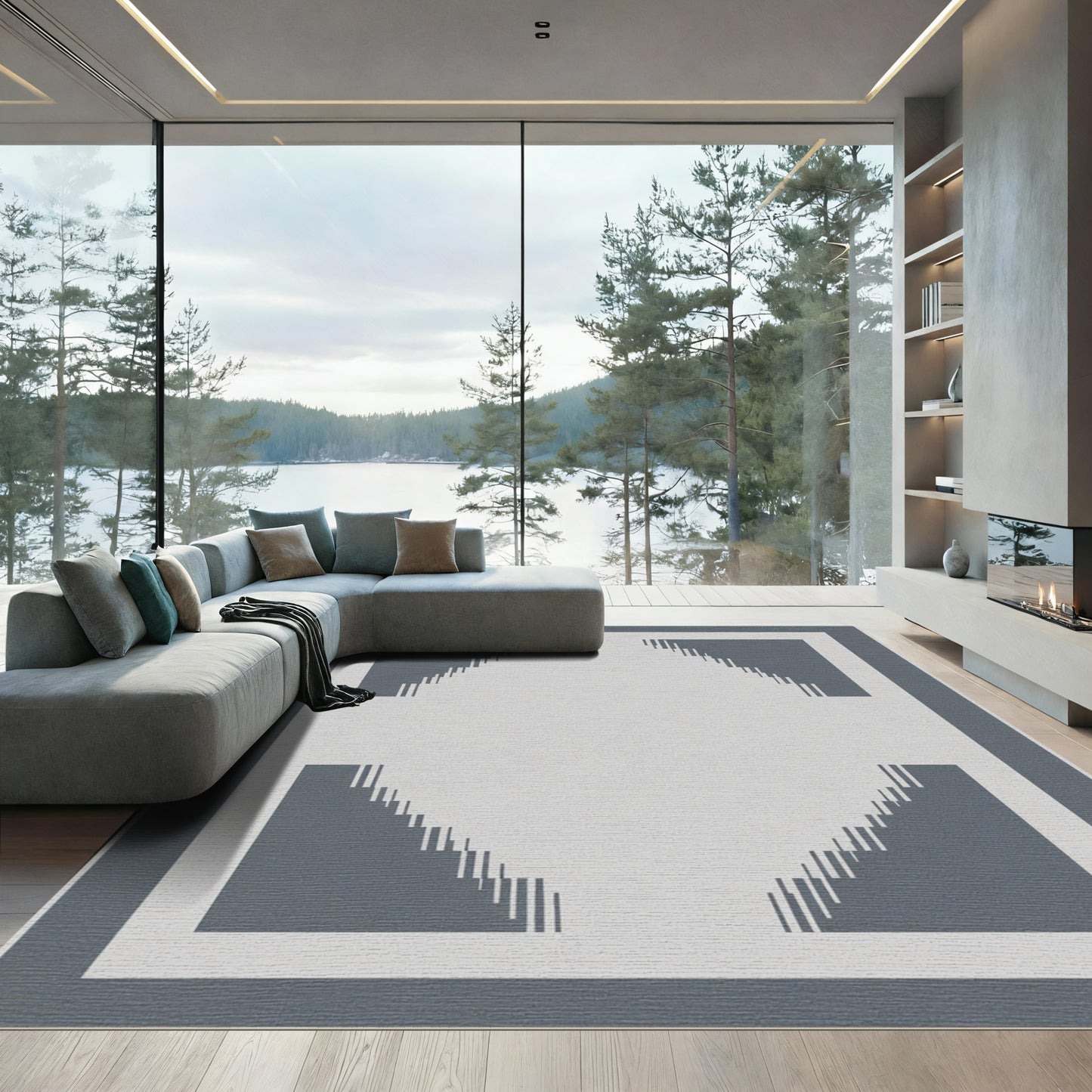 Modern Gray Geometric Tiered Design Rug
