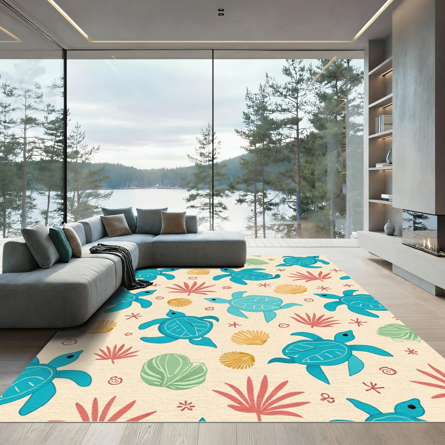 Teal Ocean Turtle Coral Sprinkle Rug