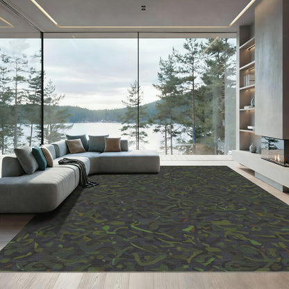 Earthy Green Abstract Camouflage Swirls Rug