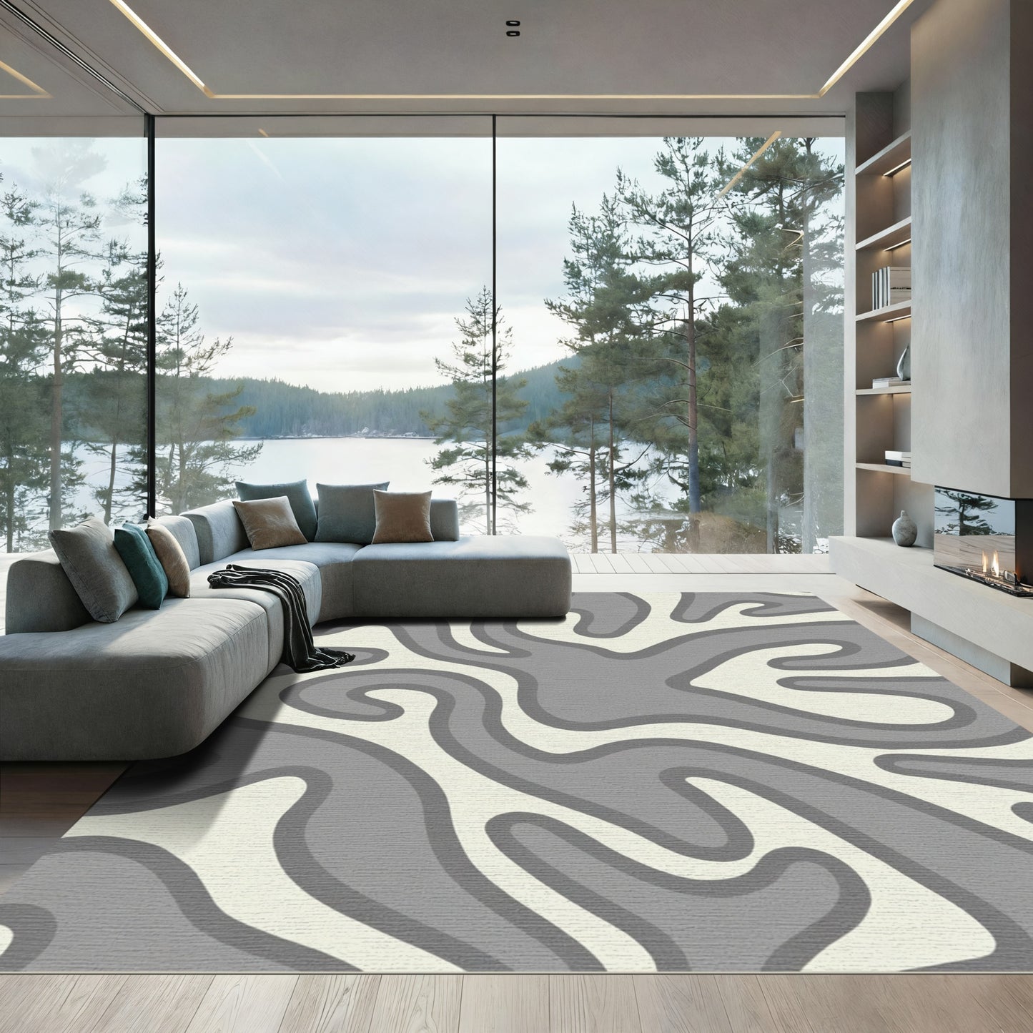 Gray Cream Abstract Flow Swirl Rug