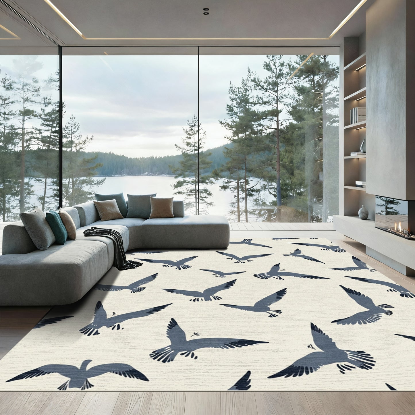 Navy Birds Flying Abstract Composition Rug