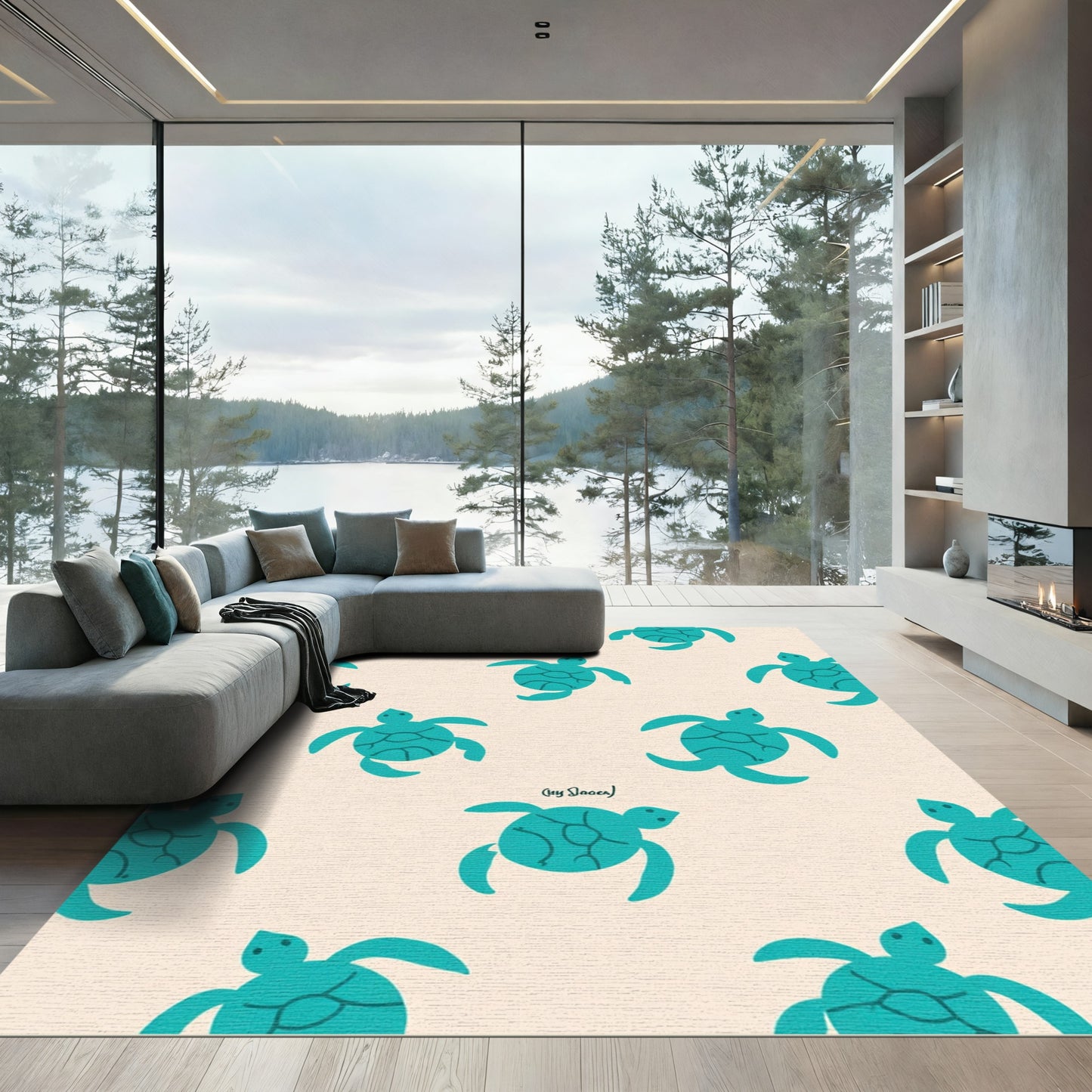 Aqua Turtle Collage Pattern Rug