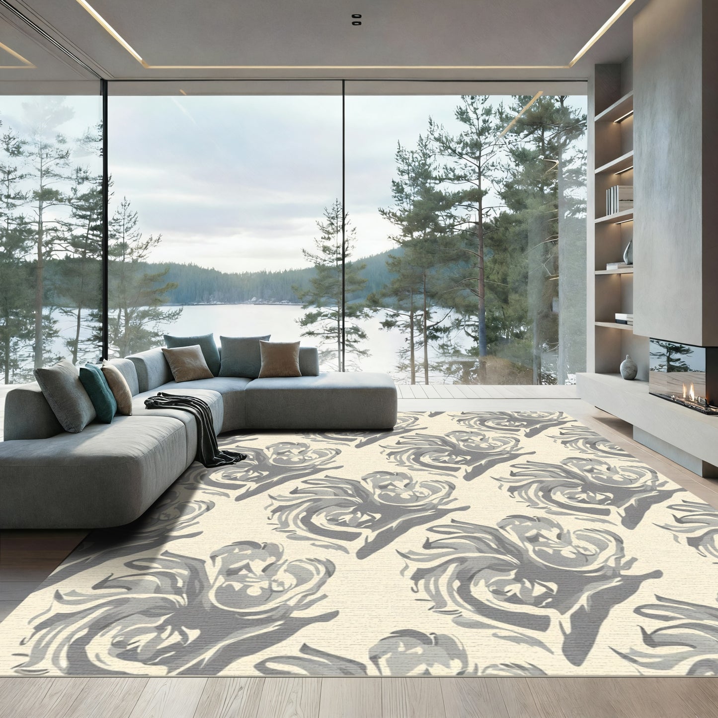 Cream Gray Swirling Floral Medallion Rug