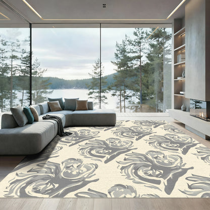 Cream Gray Swirling Floral Medallion Rug