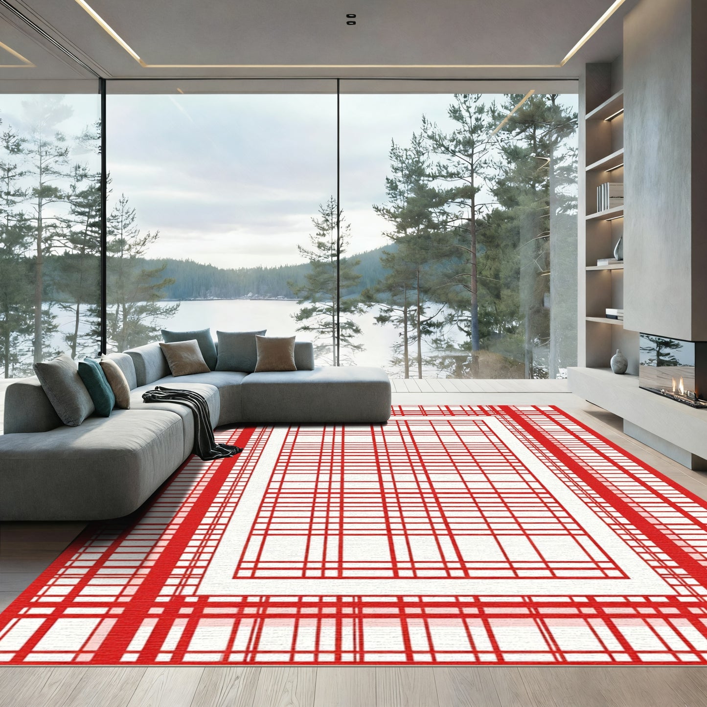 Bold Red Plaid Frame Rug