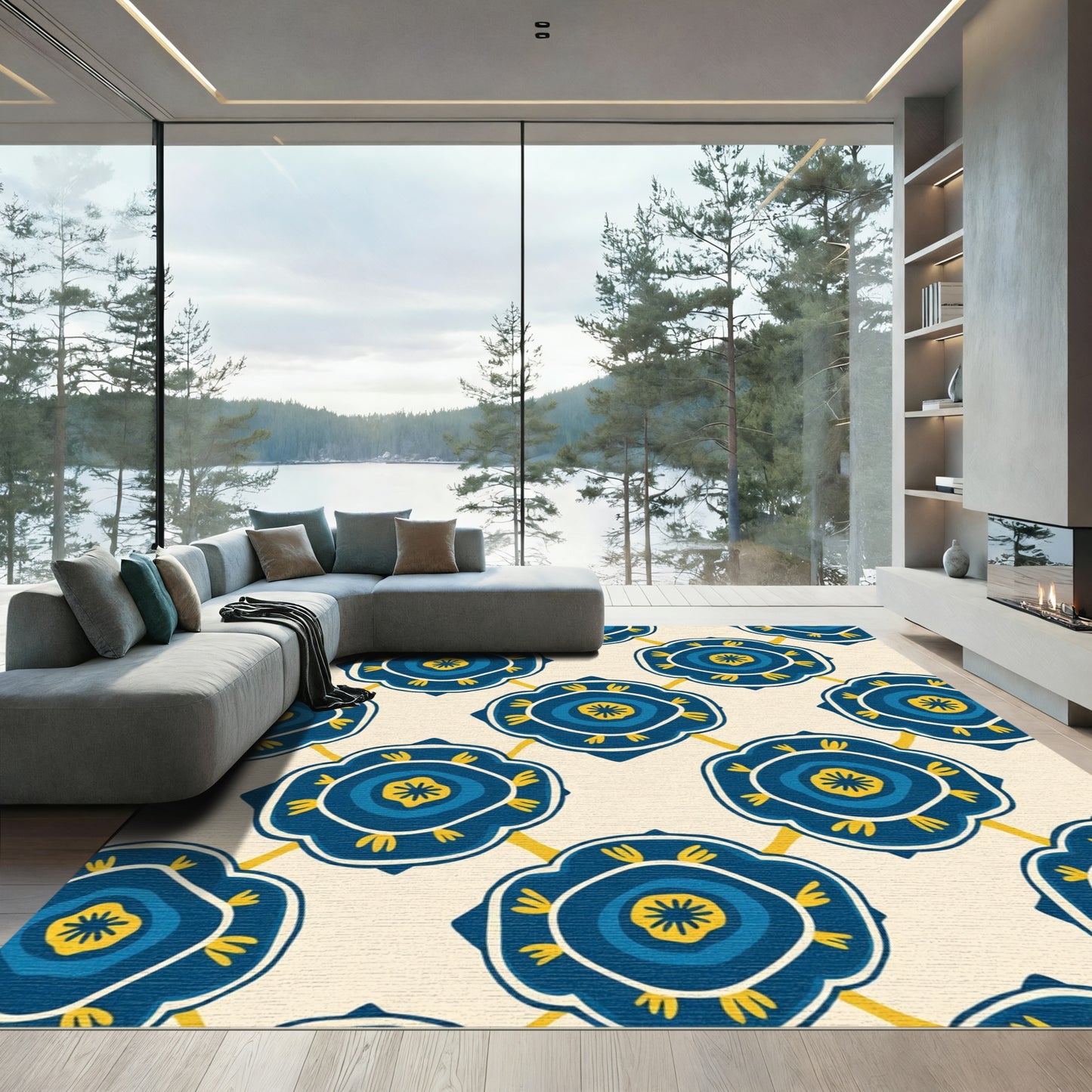 Indigo Blue Floral Medallion Grid Rug