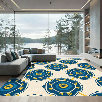 Indigo Blue Floral Medallion Grid Rug