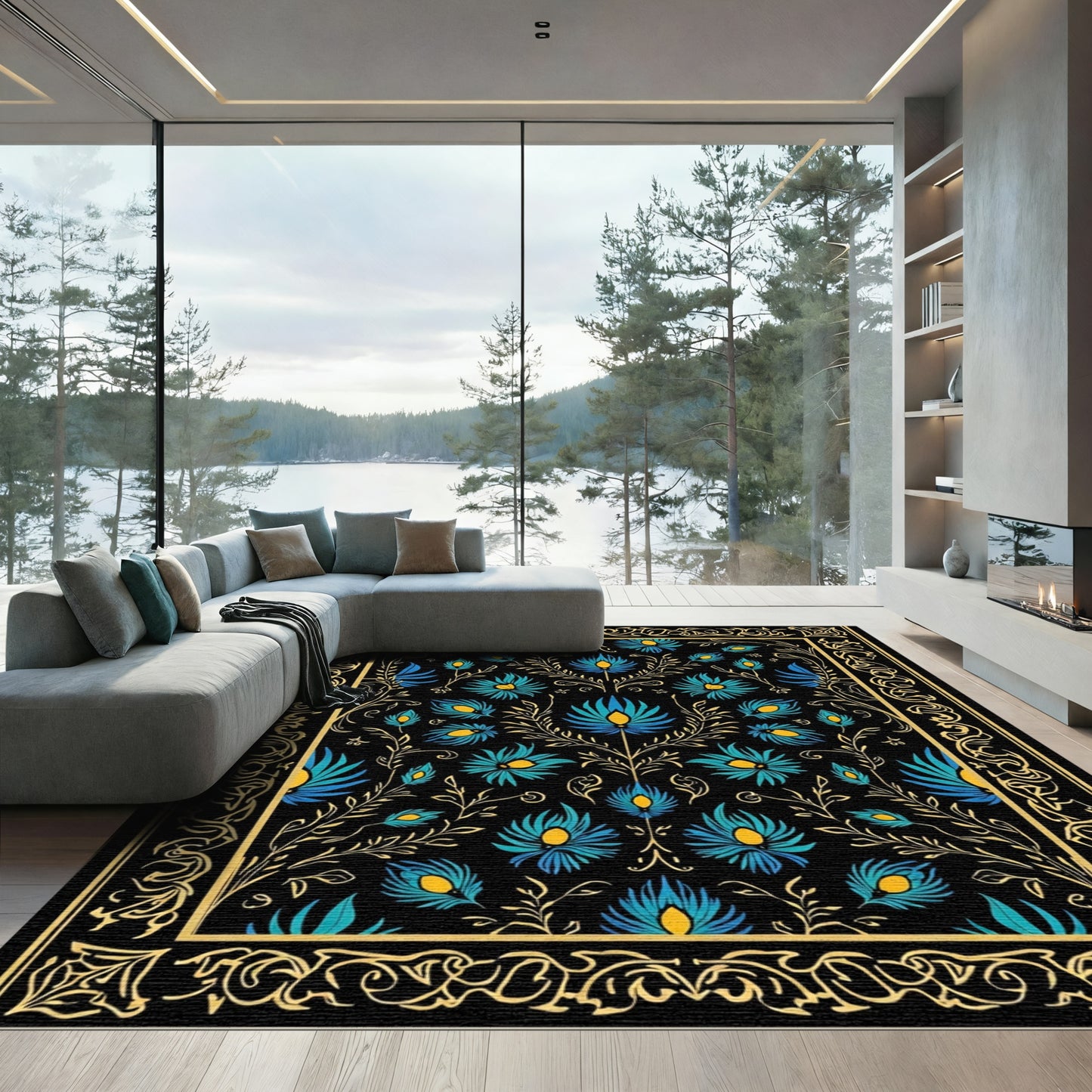 Black Golden Floral Peacock Feather Rug
