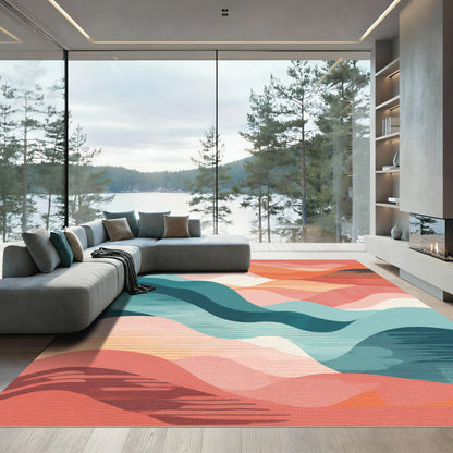 Abstract Teal Pink Landscape Waves Rug