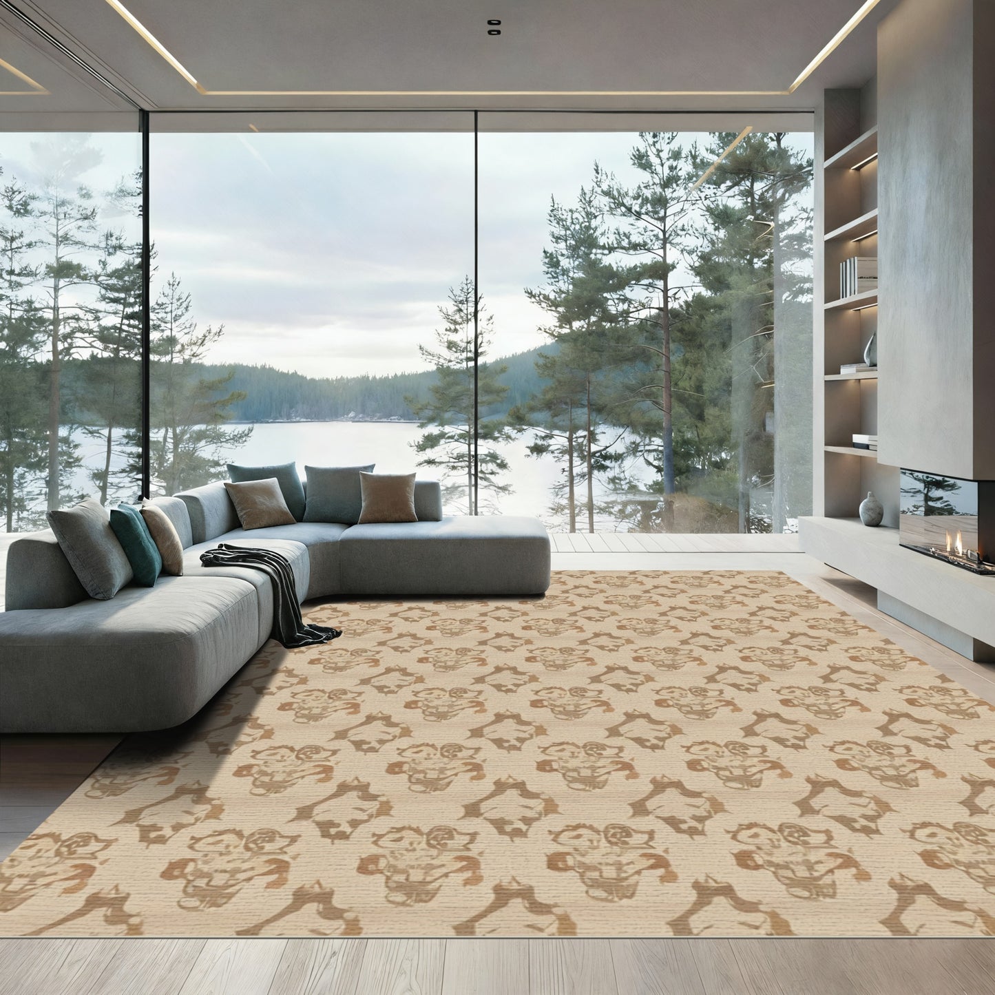 Taupe Aged Damask Repeat Rug