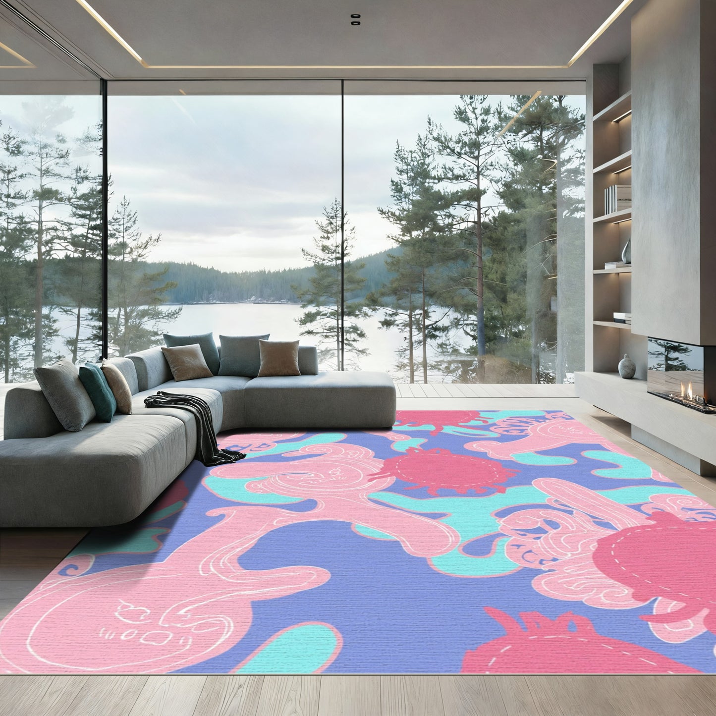Whimsical Pink Creatures Abstract Composition Rug