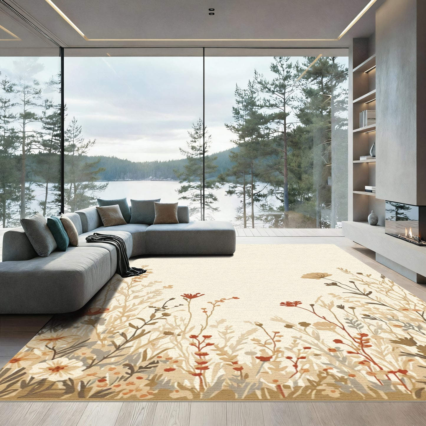Earthy Botanical Meadow Floral Scene Rug