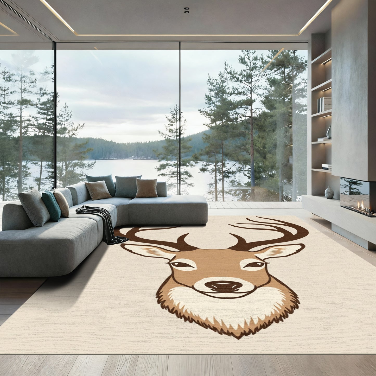 Rustic Brown Antlered Deer Portrait Rug