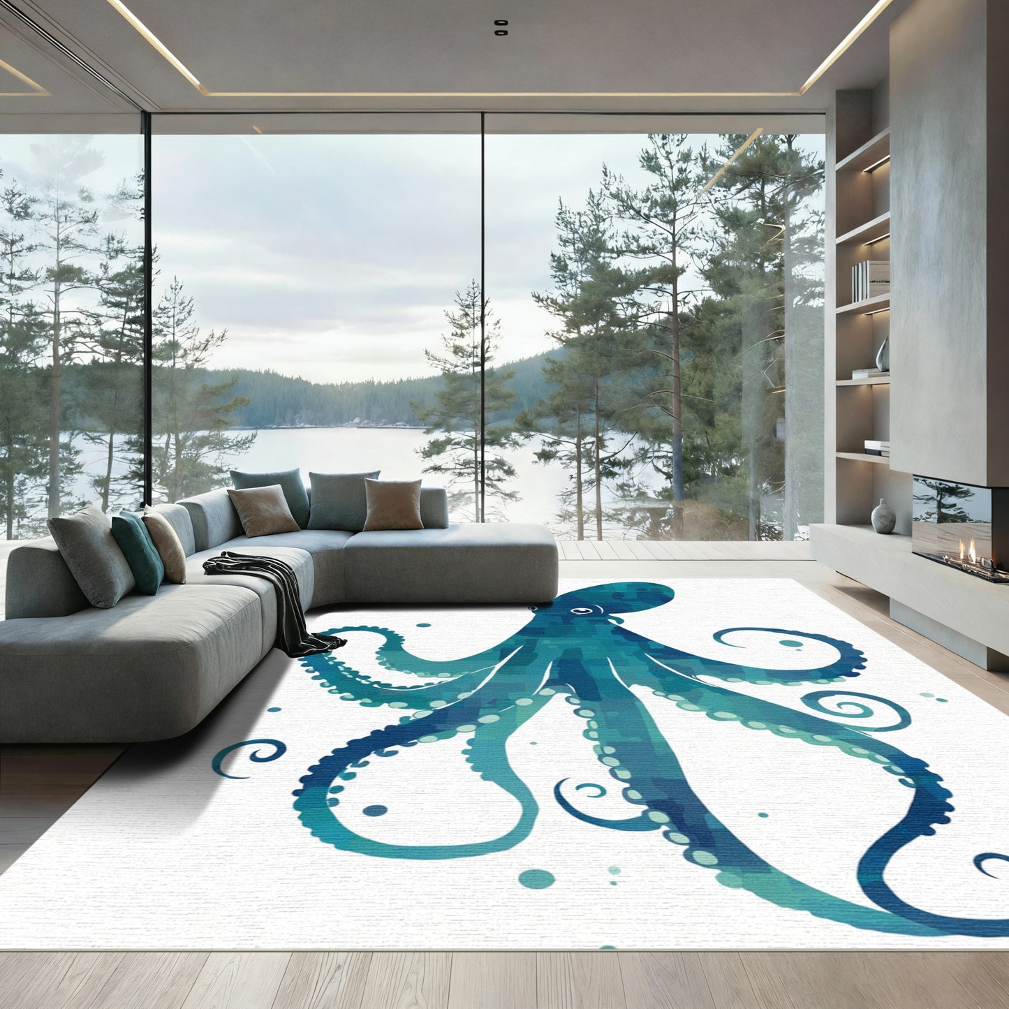 Blue Teal Square Octopus Illustration Rug