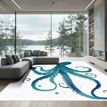 Blue Teal Square Octopus Illustration Rug