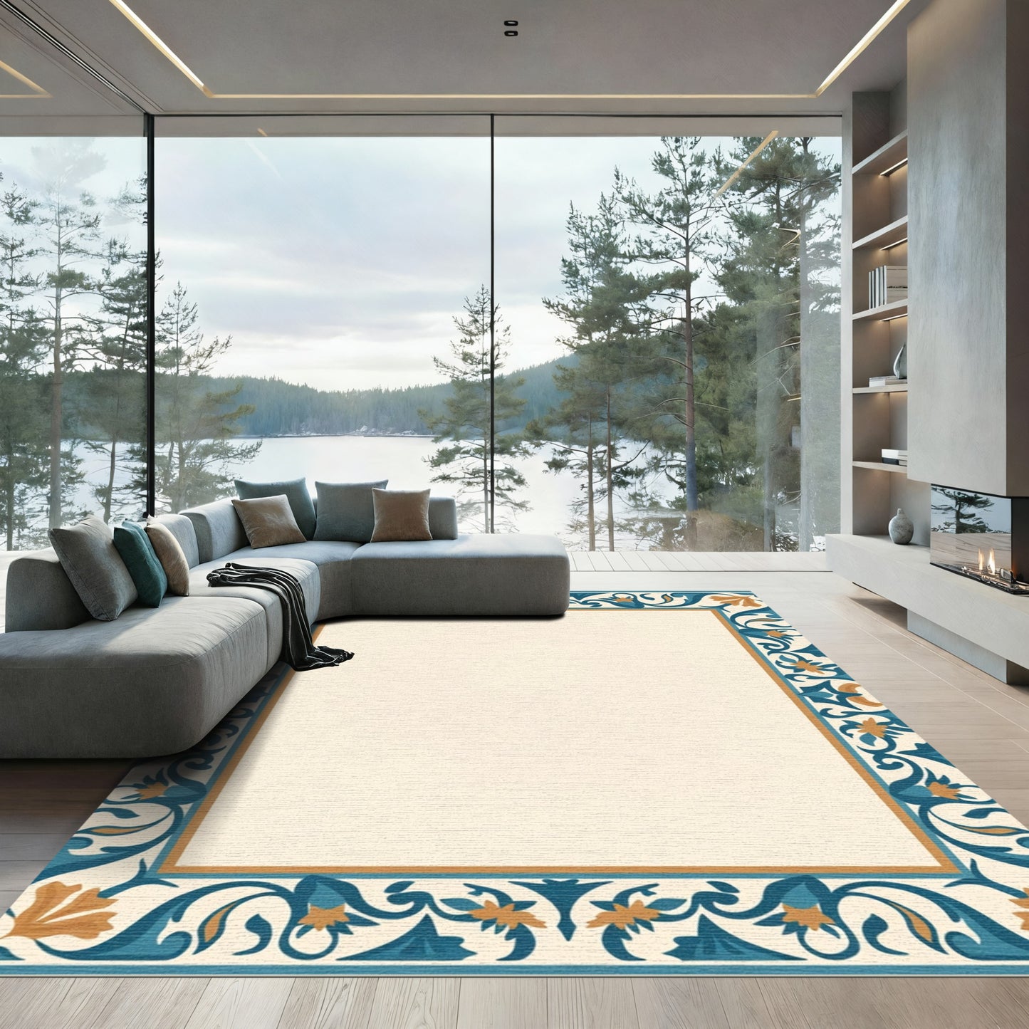 Teal Orange Floral Arch Border Rug