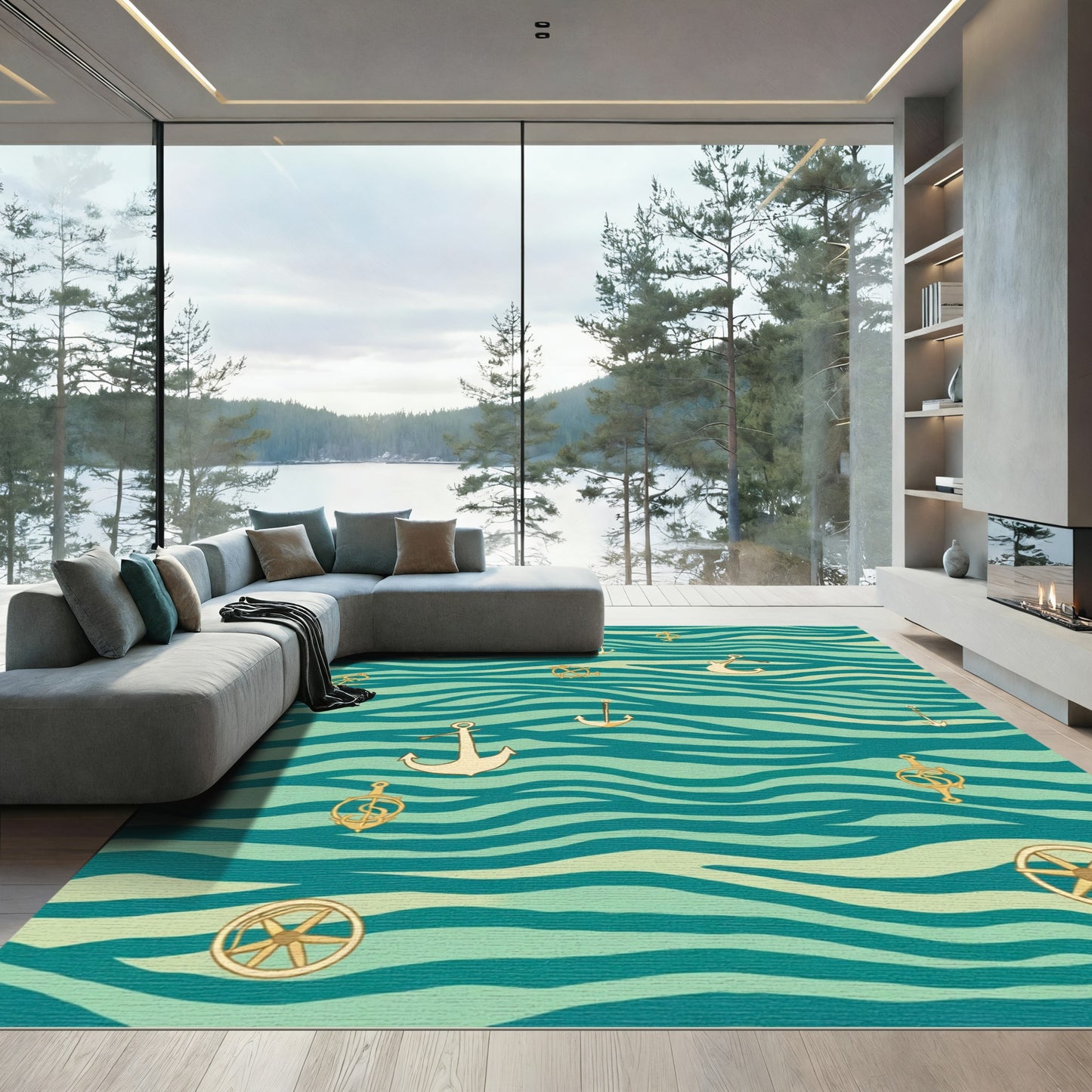 Teal Golden Nautical Anchor Swirl Rug