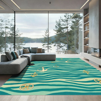 Teal Golden Nautical Anchor Swirl Rug