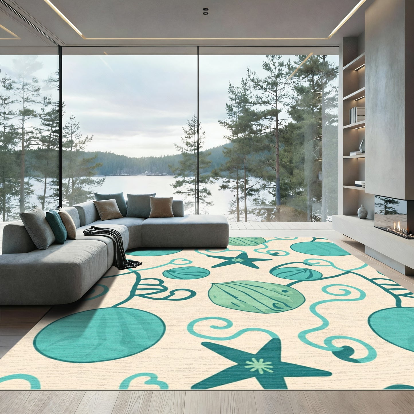 Teal Starfish and Pods Scrollwork Rug