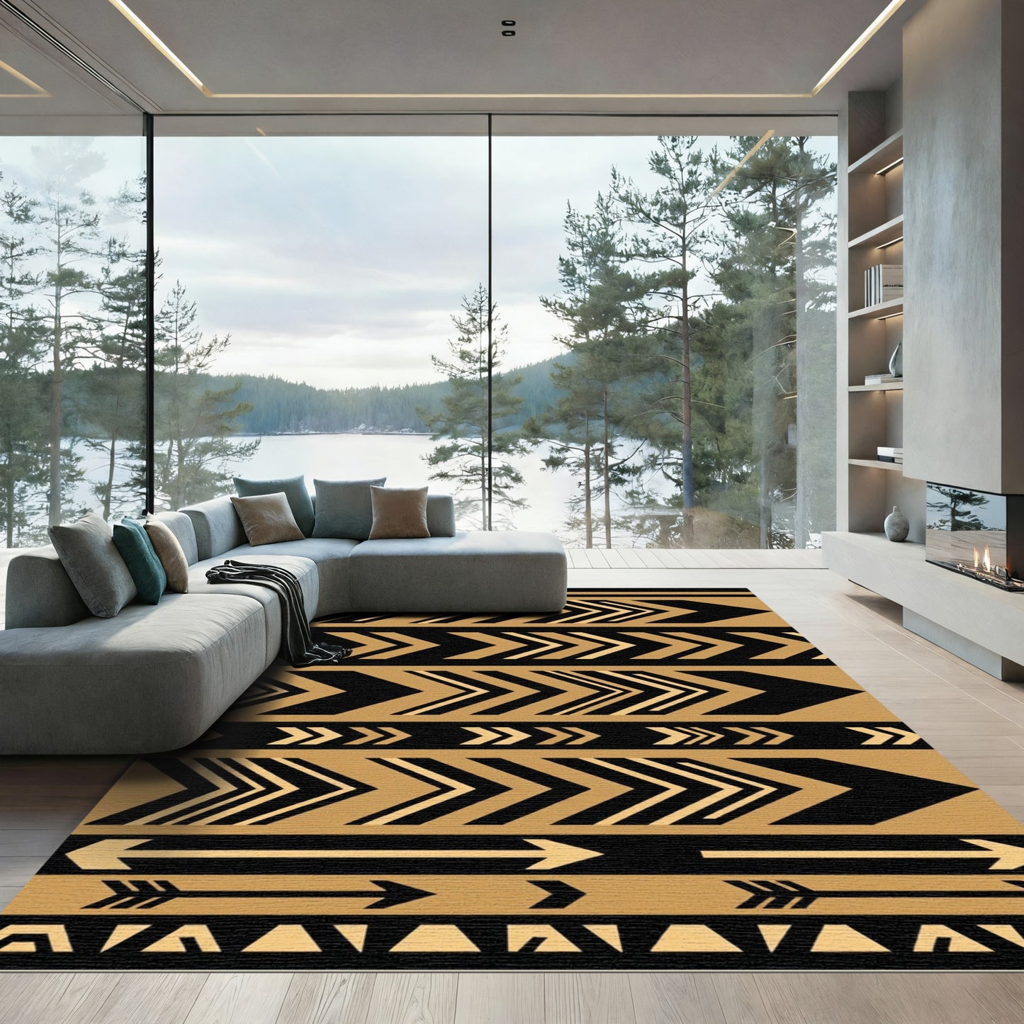 Golden Black Arrow Chevron Stripe Rug