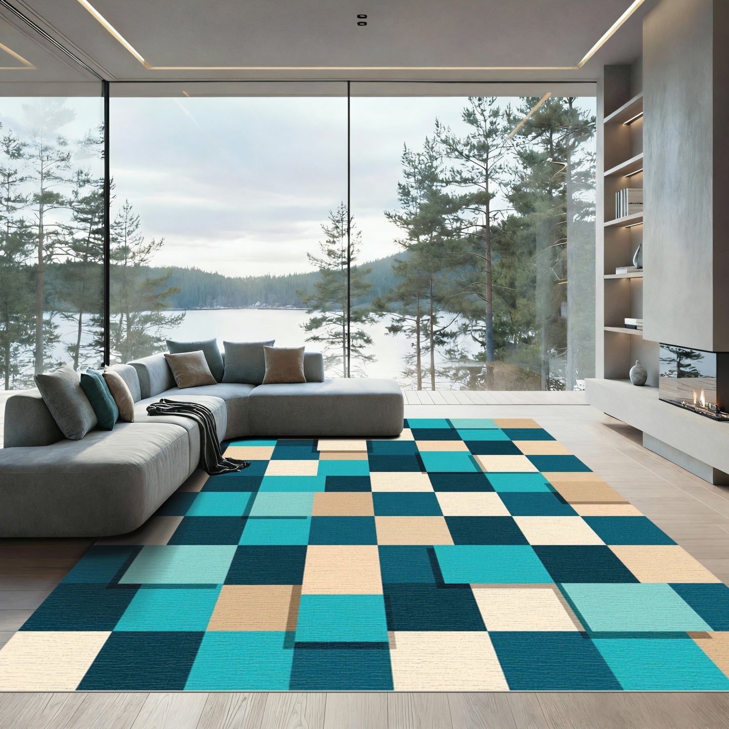 Teal Cream Geometric Square Layered Rug