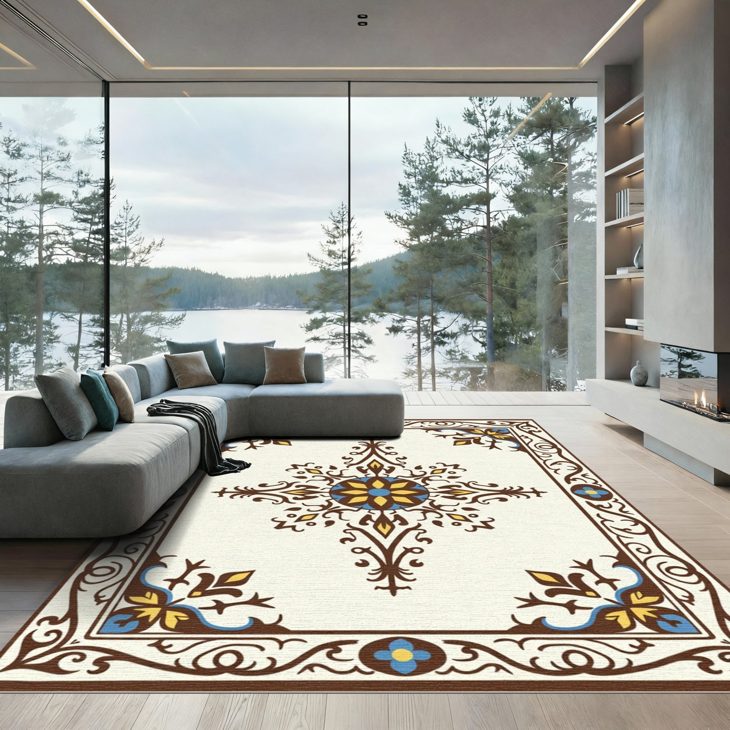 Brown Blue Yellow Floral Medallion Rug