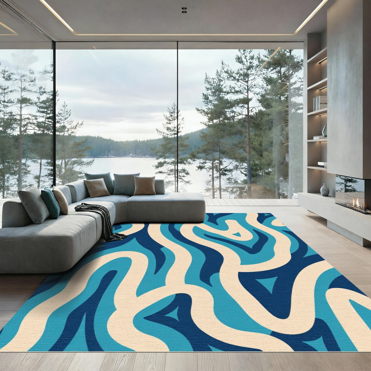 Cream And Blue Abstract Swirl Rug