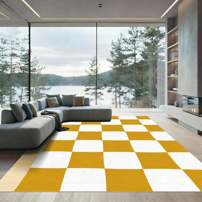 Golden White Checkerboard Squares Rug