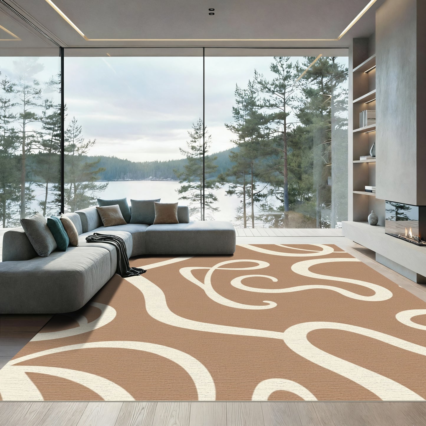 Neutral Beige Swirl Abstract Rug