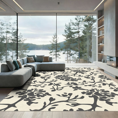 Dark Charcoal Floral Branch Art Rug