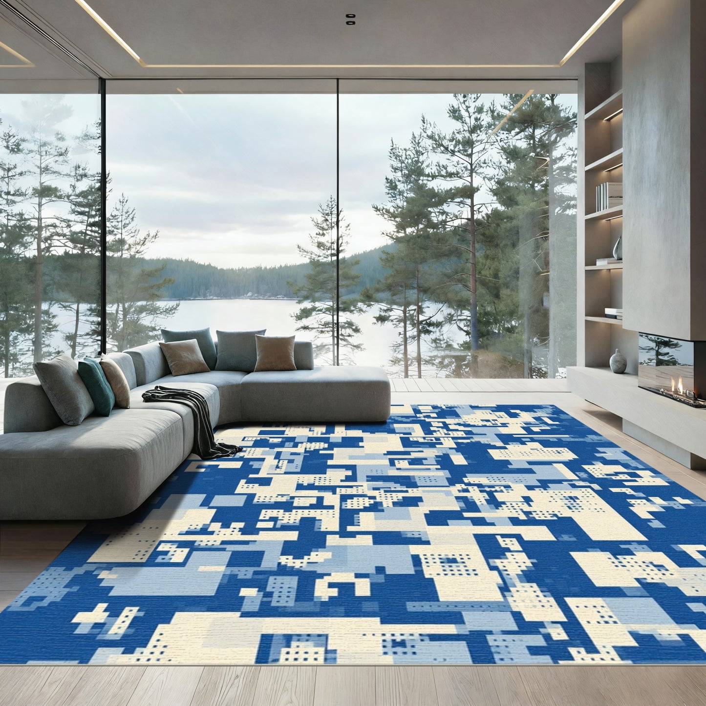Abstract Blue Geometric Grid Rug