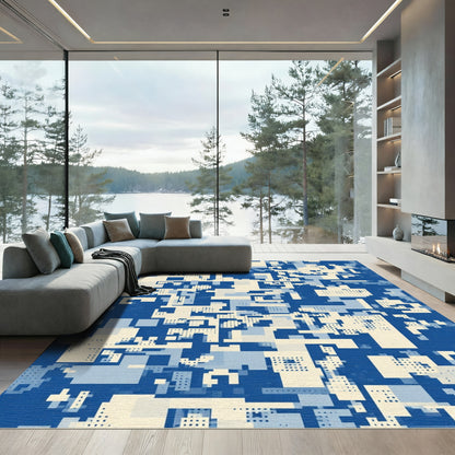Abstract Blue Geometric Grid Rug