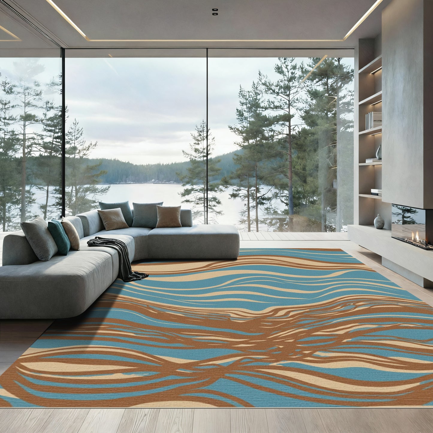 Brown Blue Flowing Waves Rug