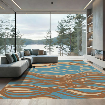 Brown Blue Flowing Waves Rug