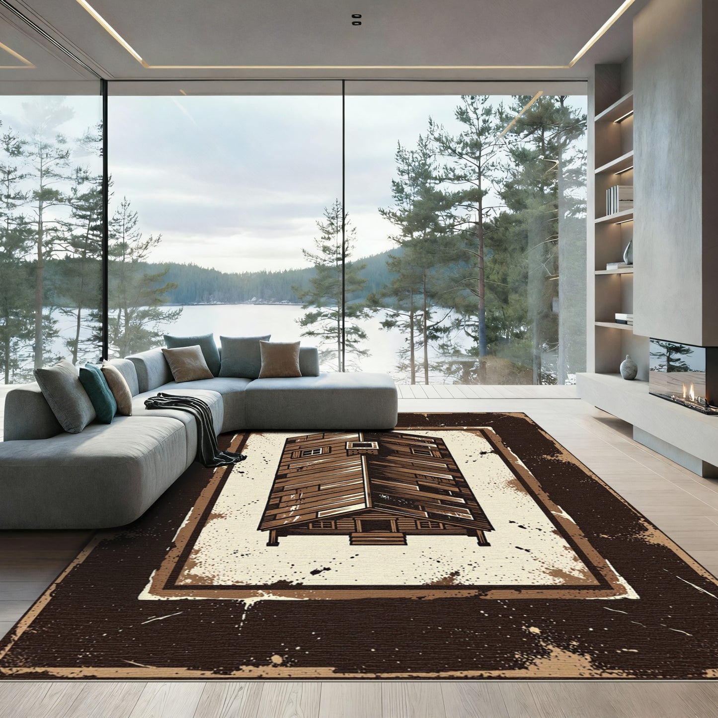 Rustic Wooden Cabin Textured Border Rug