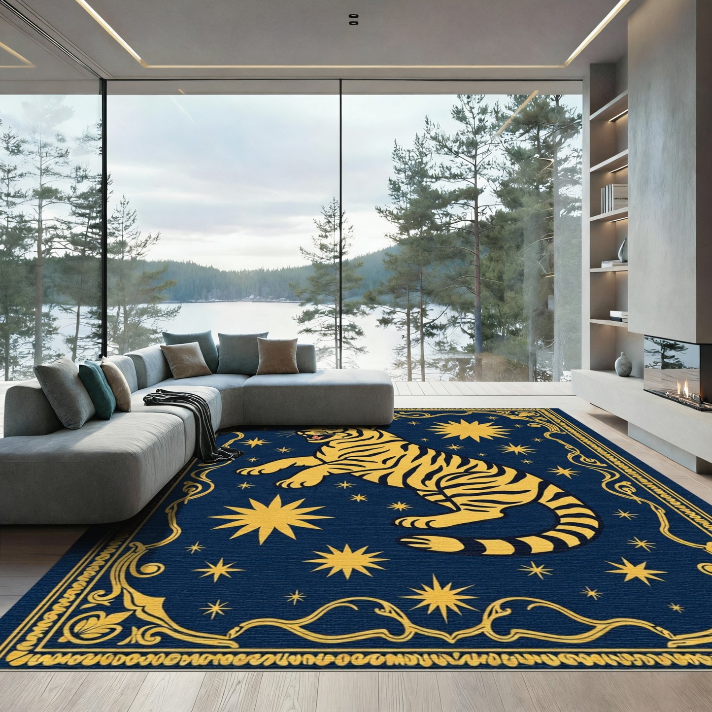 Golden Tiger Night Sky Art Rug