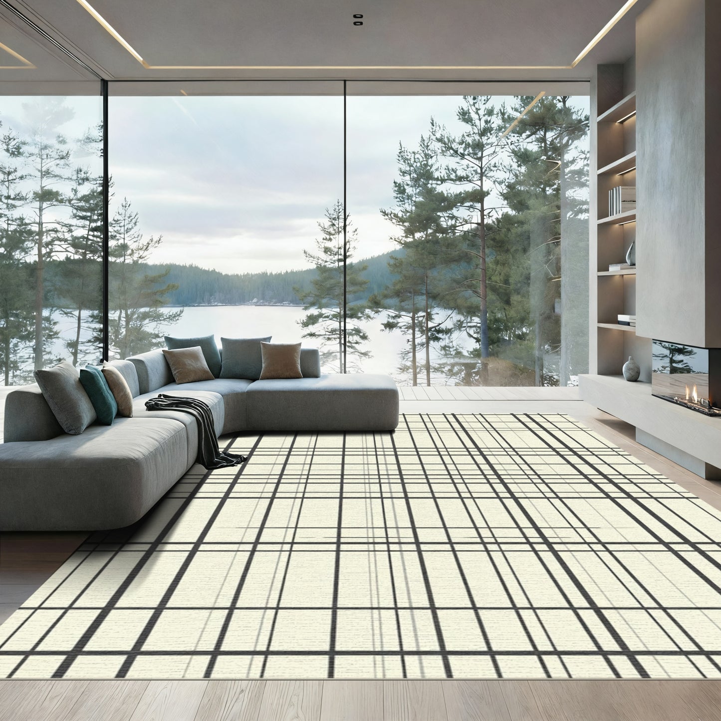 Modern Black and Cream Grid Rug