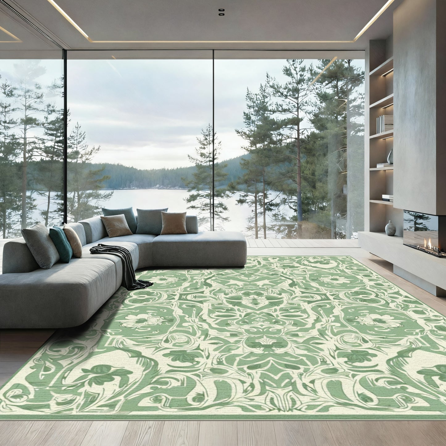 Sage Green Art Nouveau Floral Rug