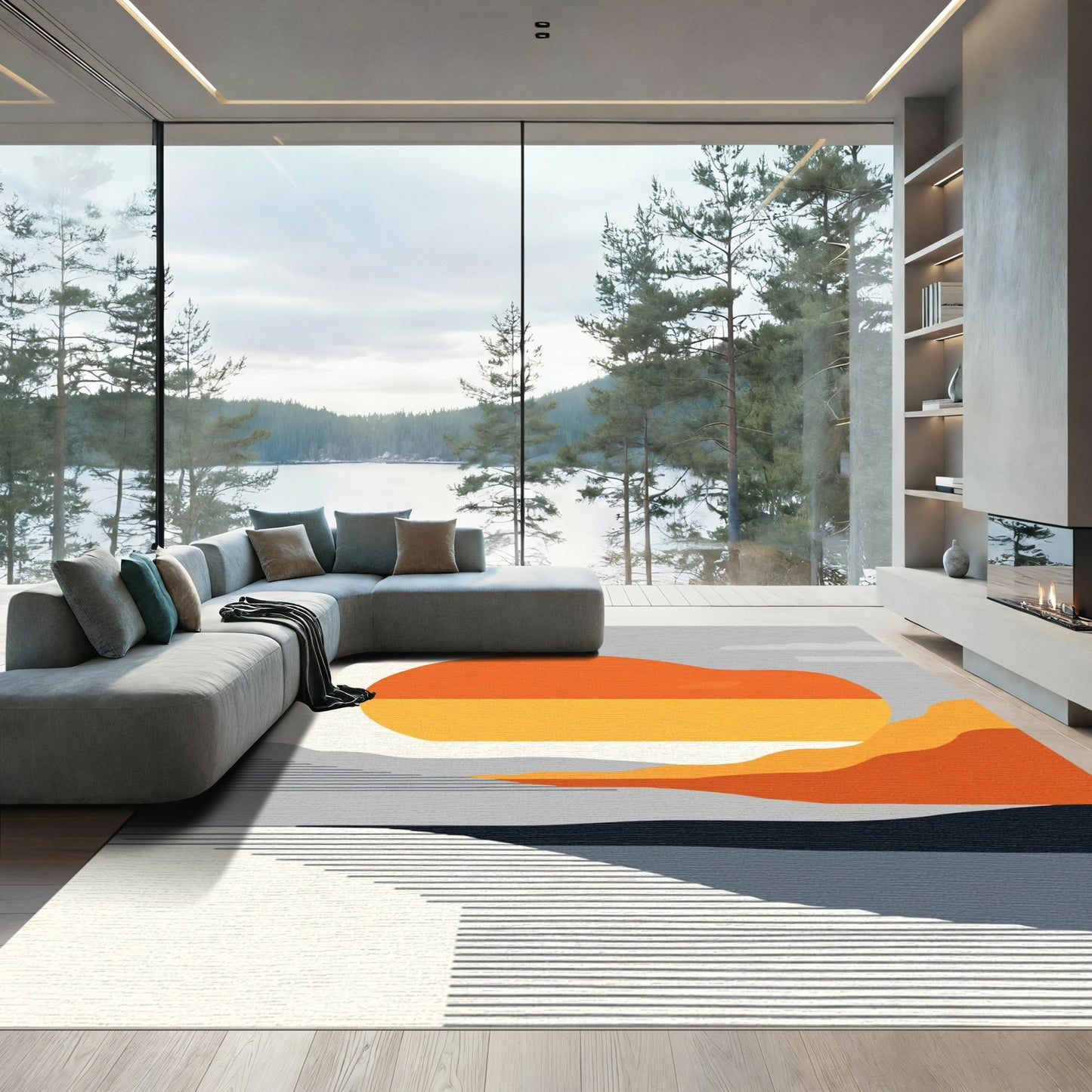 Geometric Orange Abstract Landscape Rug