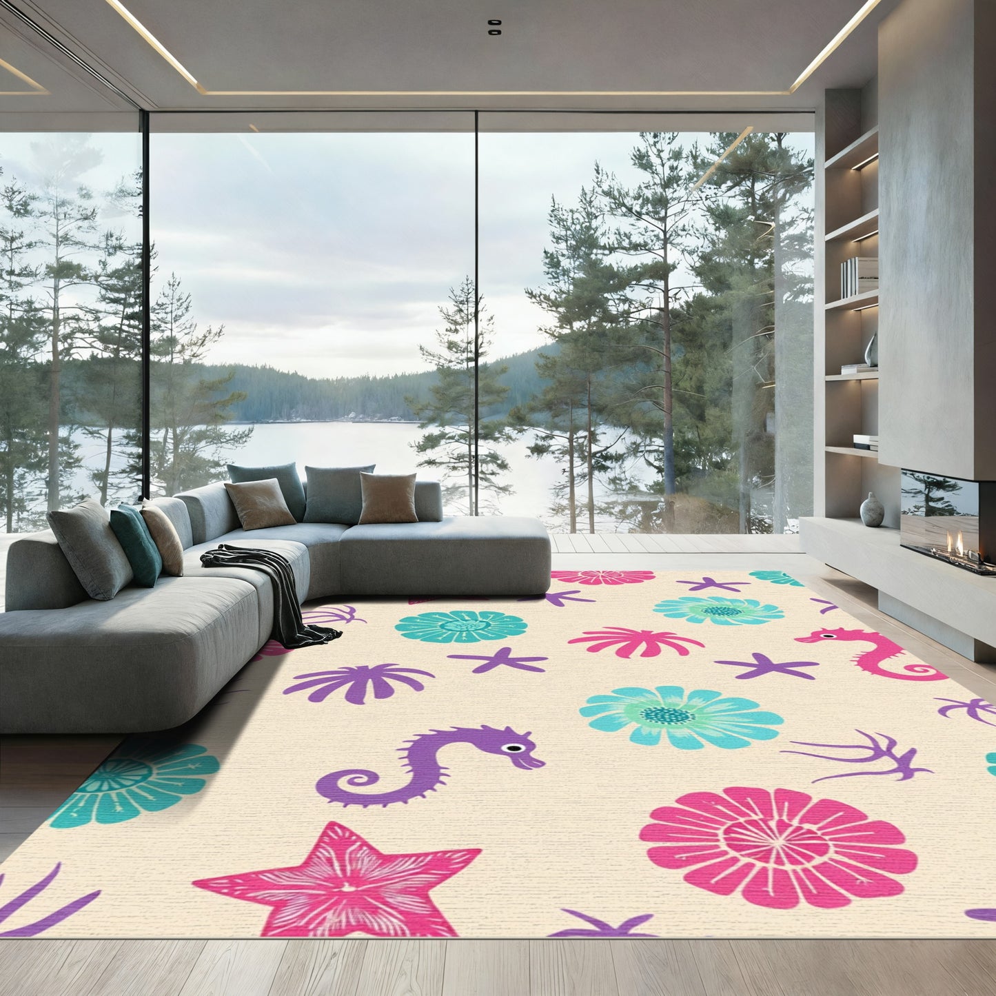 Marine Life Colorful Starfish Seahorse Flowers Rug
