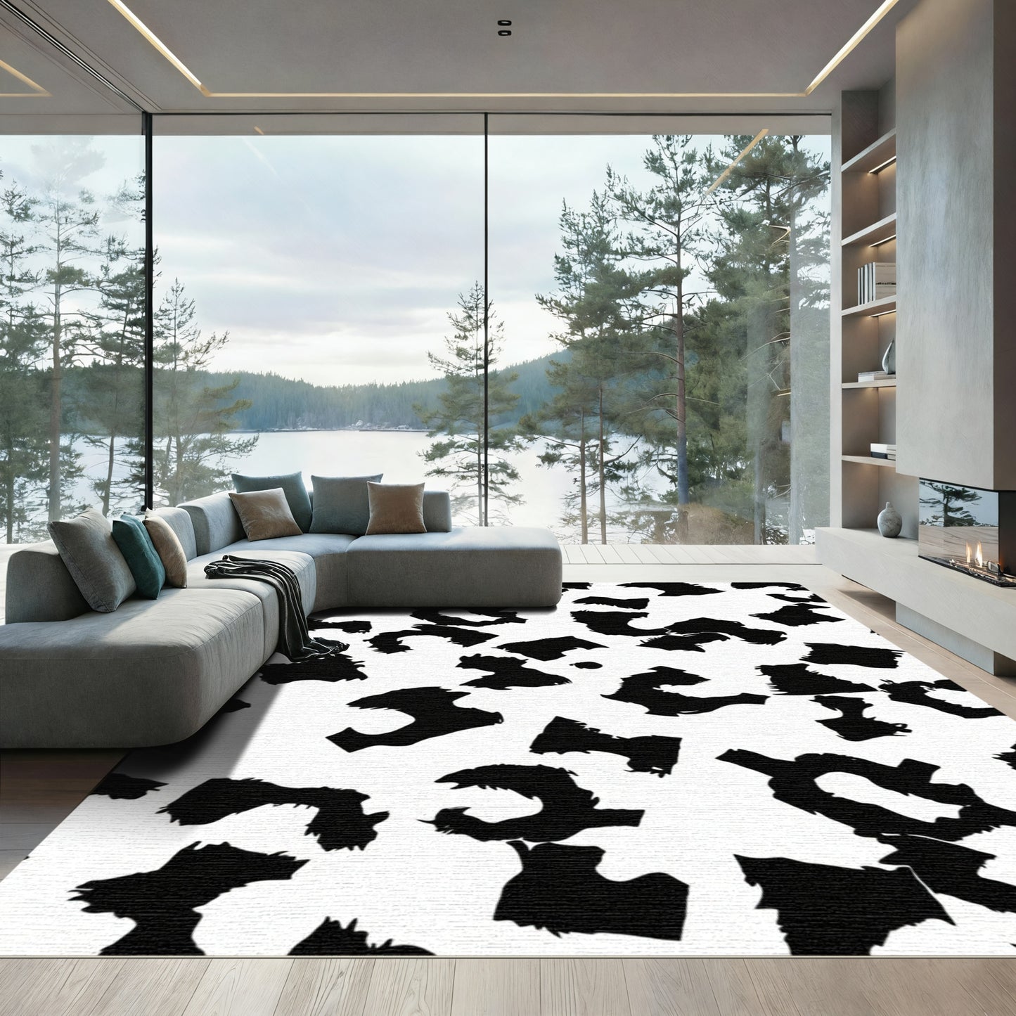 Black White Abstract Spots Rug
