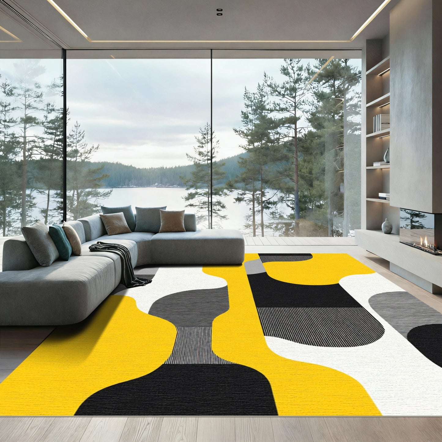 Modern Yellow Abstract Organic Shapes Rug