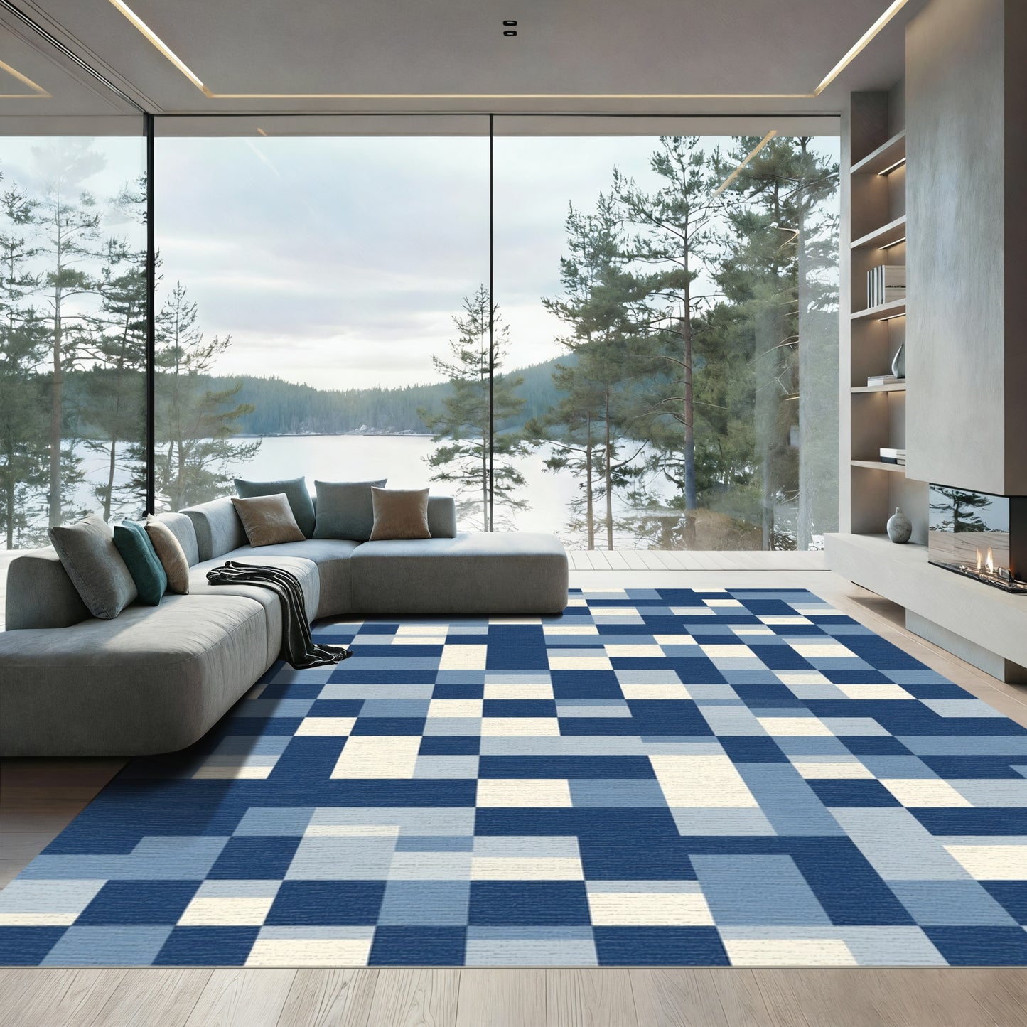 Blue Cream Abstract Square Geometric Rug