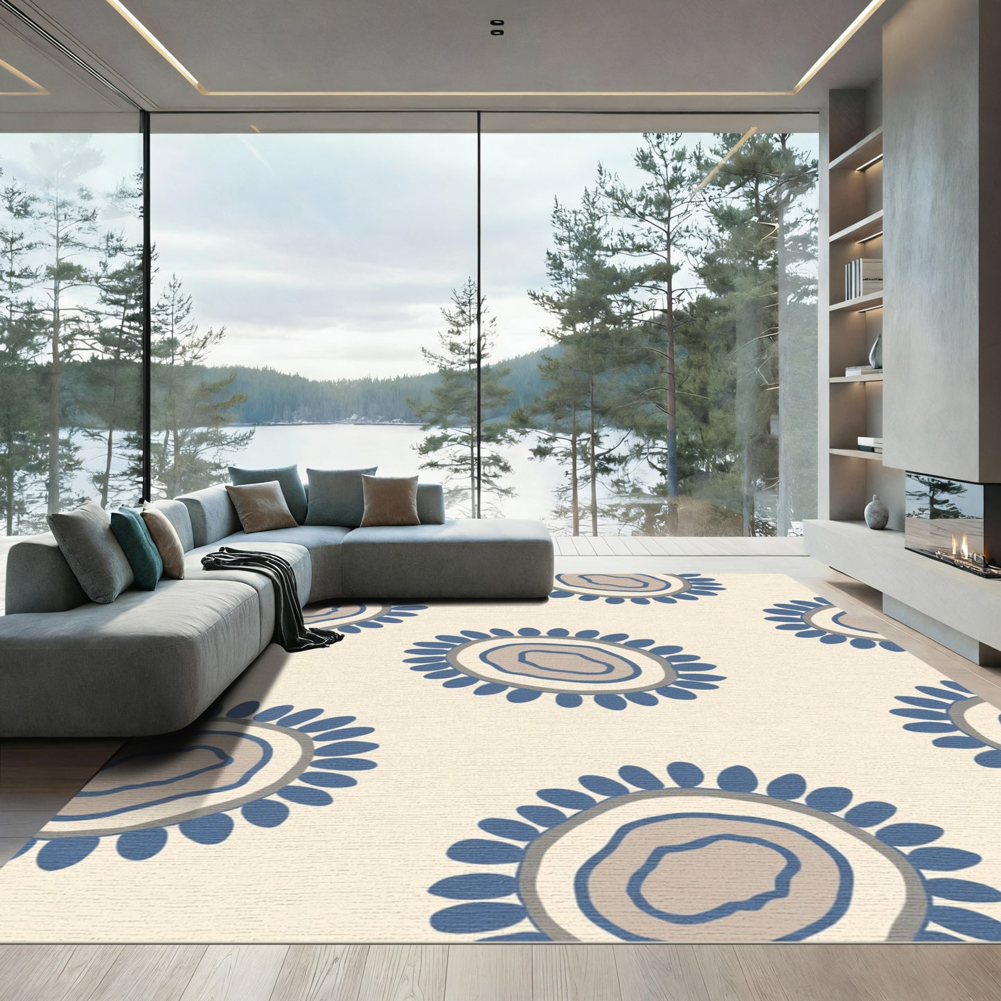 Blue Gray Organic Bloom Cream Rug