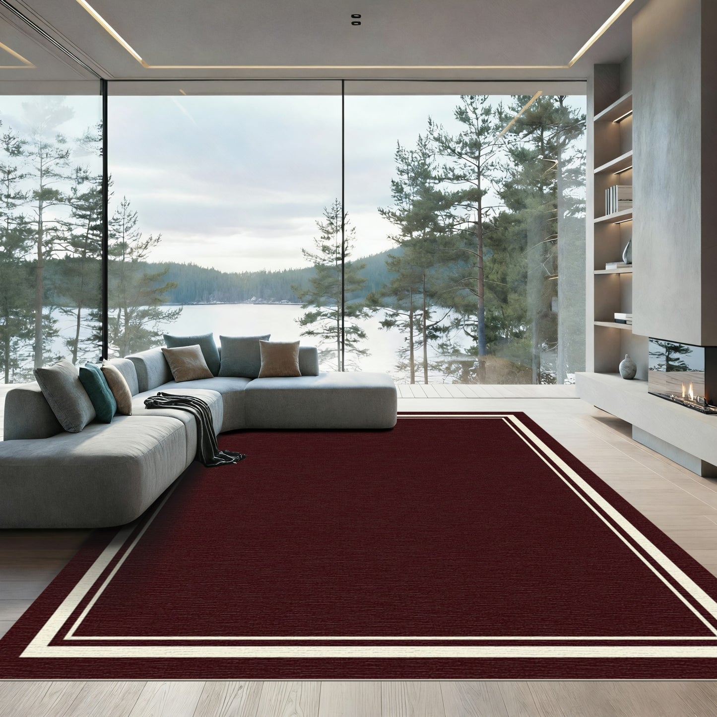 Deep Maroon Bordered Frame Rug