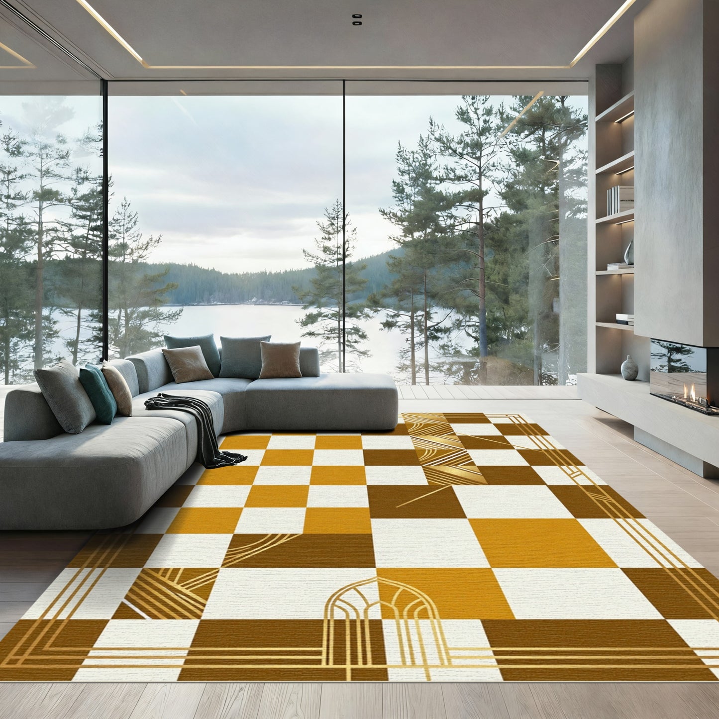 Gold Geometric Art Deco Squares Rug