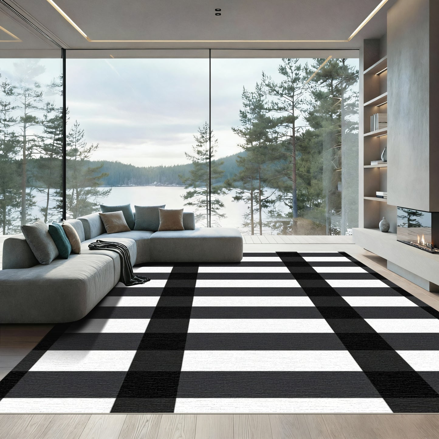 Black White Gingham Check Rug